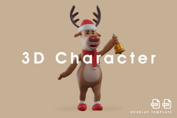 3D Christmas Deer Cartoon Ringing a Bell